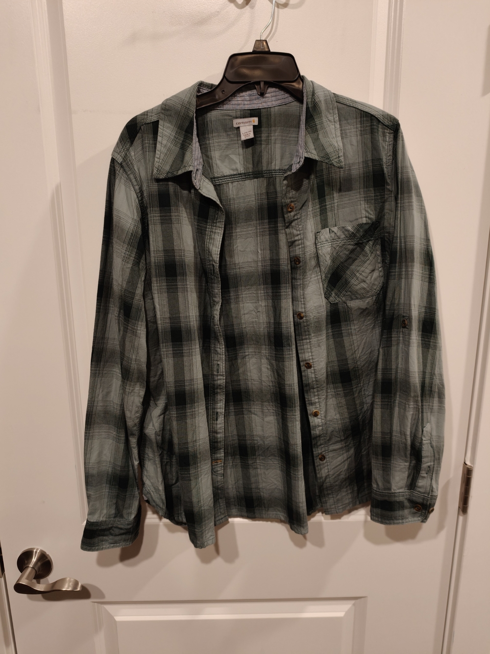 Carhartt Men's Green and Black Plaid Casual Button-Down Shirt